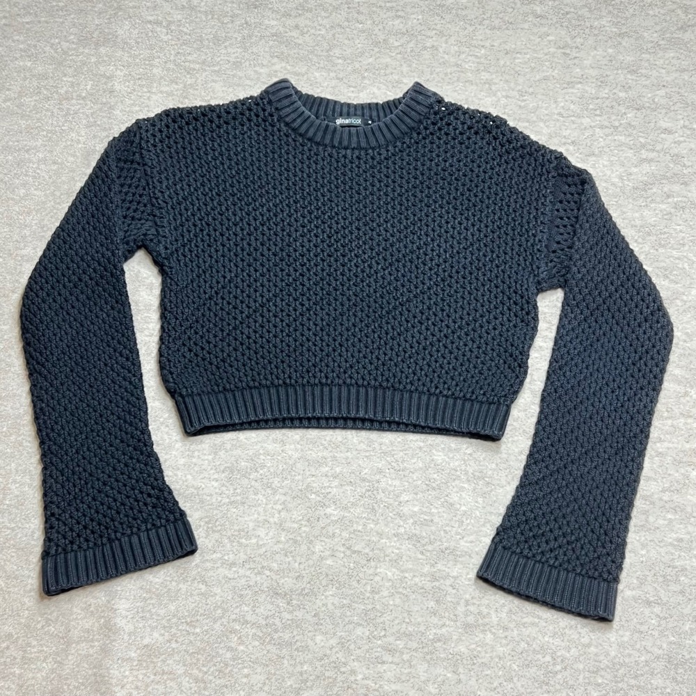 Dark‎ Coquette Y2K Gina Tricot XS Cropped Sweater Chunky Open Knit Crew Neck GUC